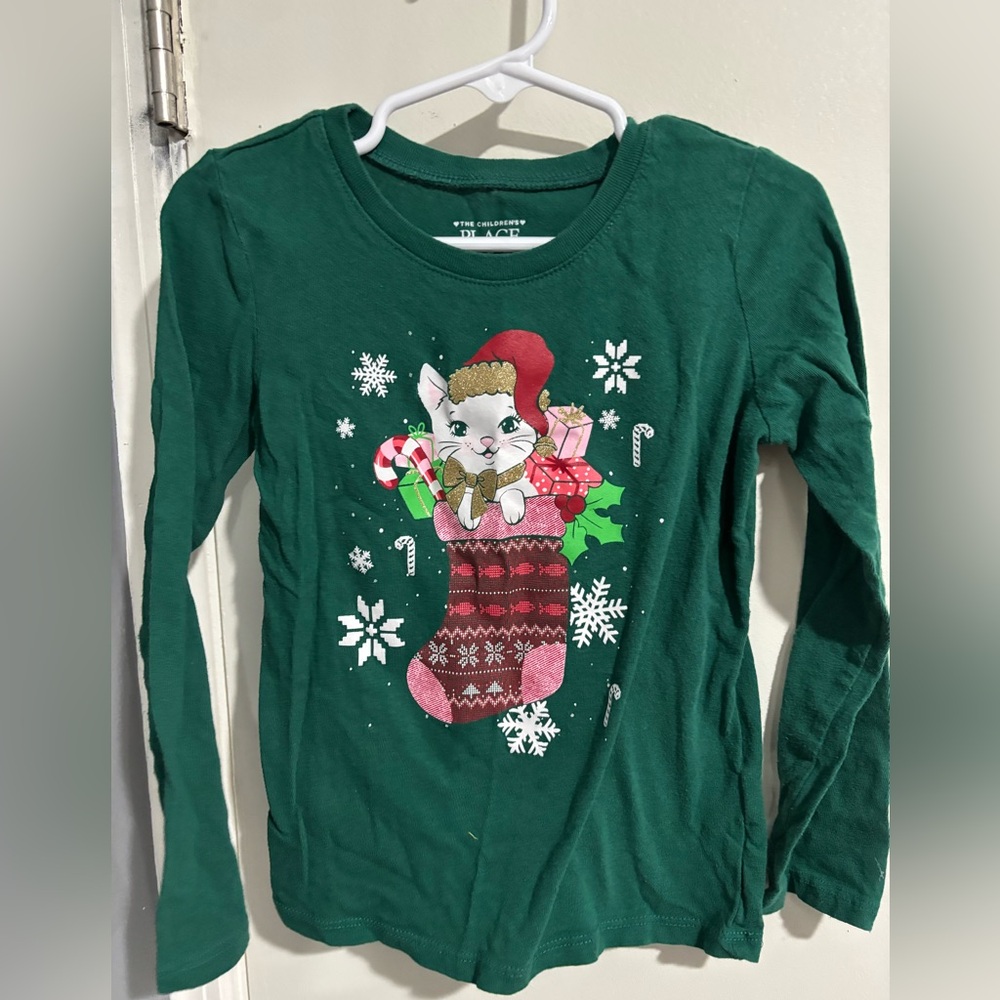 The Children's Place Green Festive Cat Long Sleeve Tee